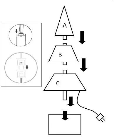 Assembly diagram showing the stacking order of tree sections and light connections.