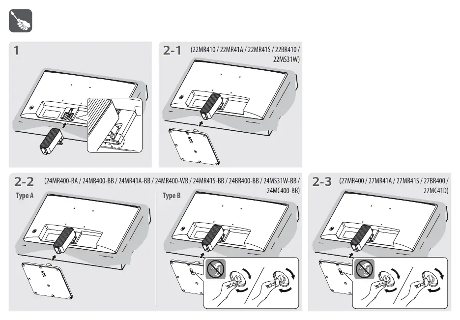 Stand assembly instructions for different model groups.