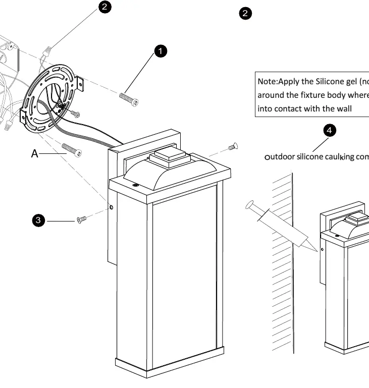 Installation diagram showing mounting and silicone application.