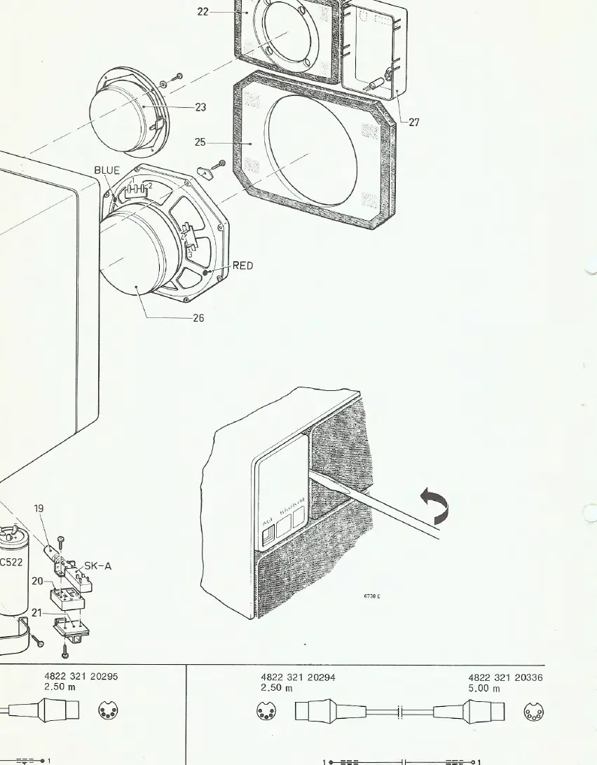 Exploded view of the speaker driver and mounting.