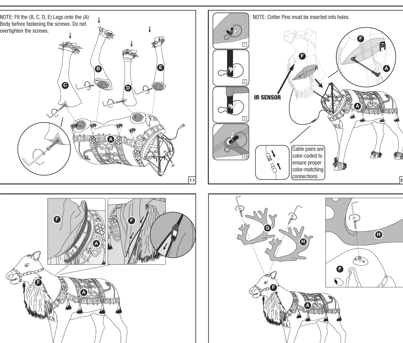 Assembly steps for legs, head, and antlers.