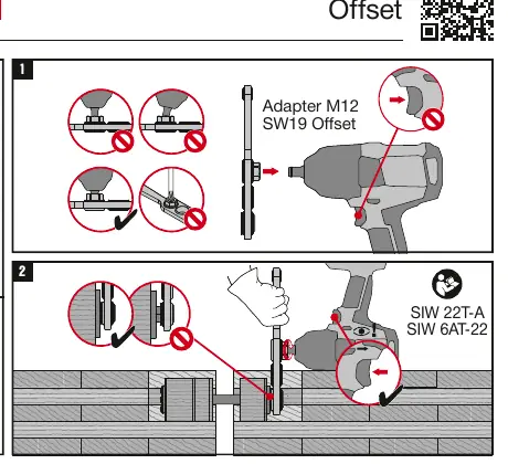 Installation and usage steps for the Hilti Adapter M12 SW19 Offset.