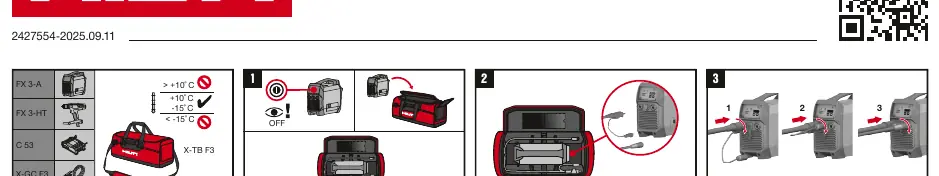 Connection sequence for the FX 3-A power unit and FX 3-HT tool.