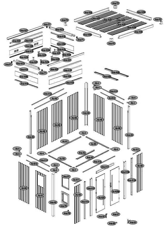 Exploded view of the shed components