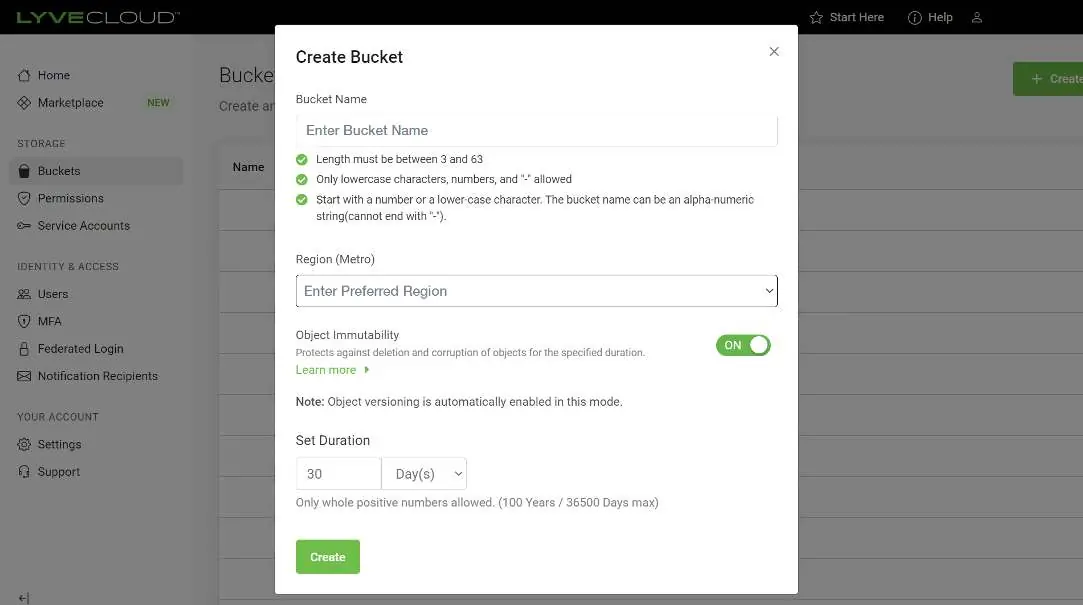 Create Bucket interface in Lyve Cloud console.
