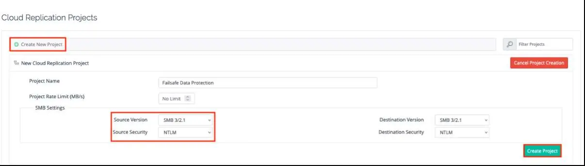 Create New Project interface for Cloud Replication.