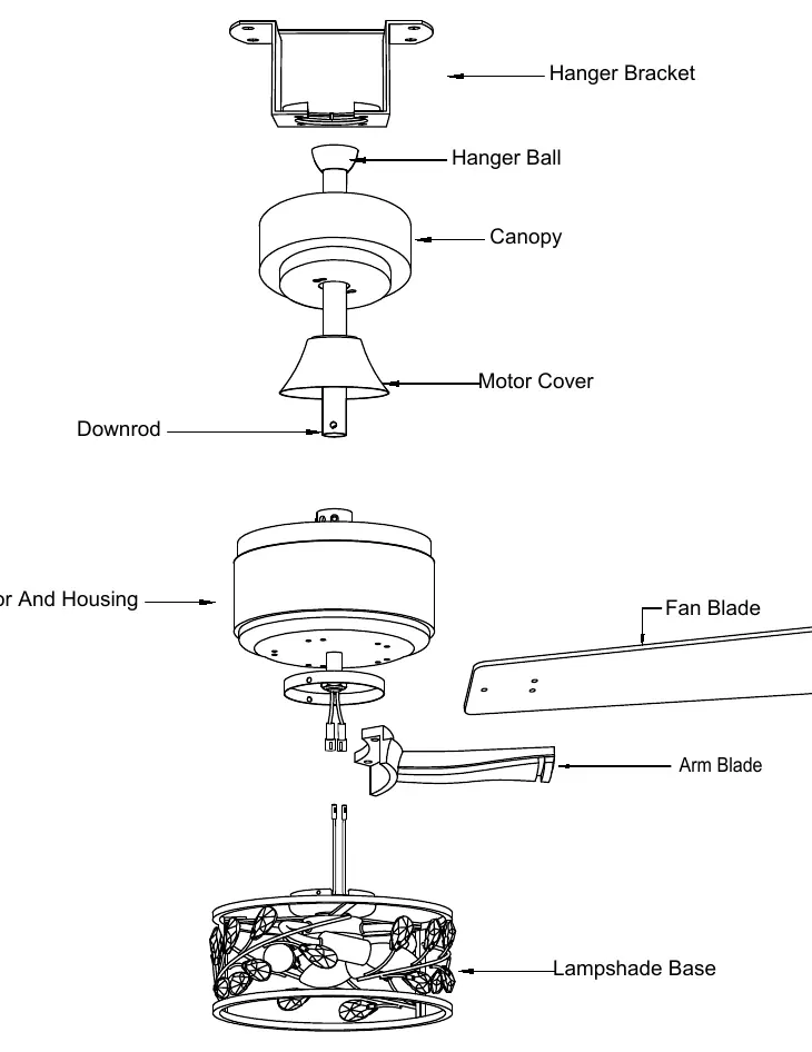 Exploded view of the ceiling fan assembly