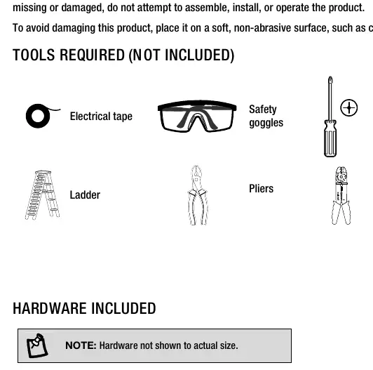 Tools and hardware required for installation