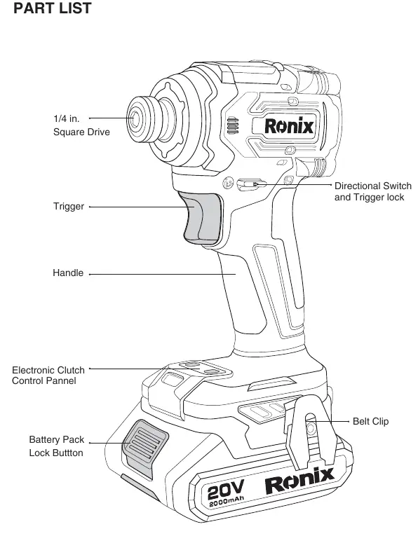 Part list diagram of the Ronix 8653 impact screwdriver.