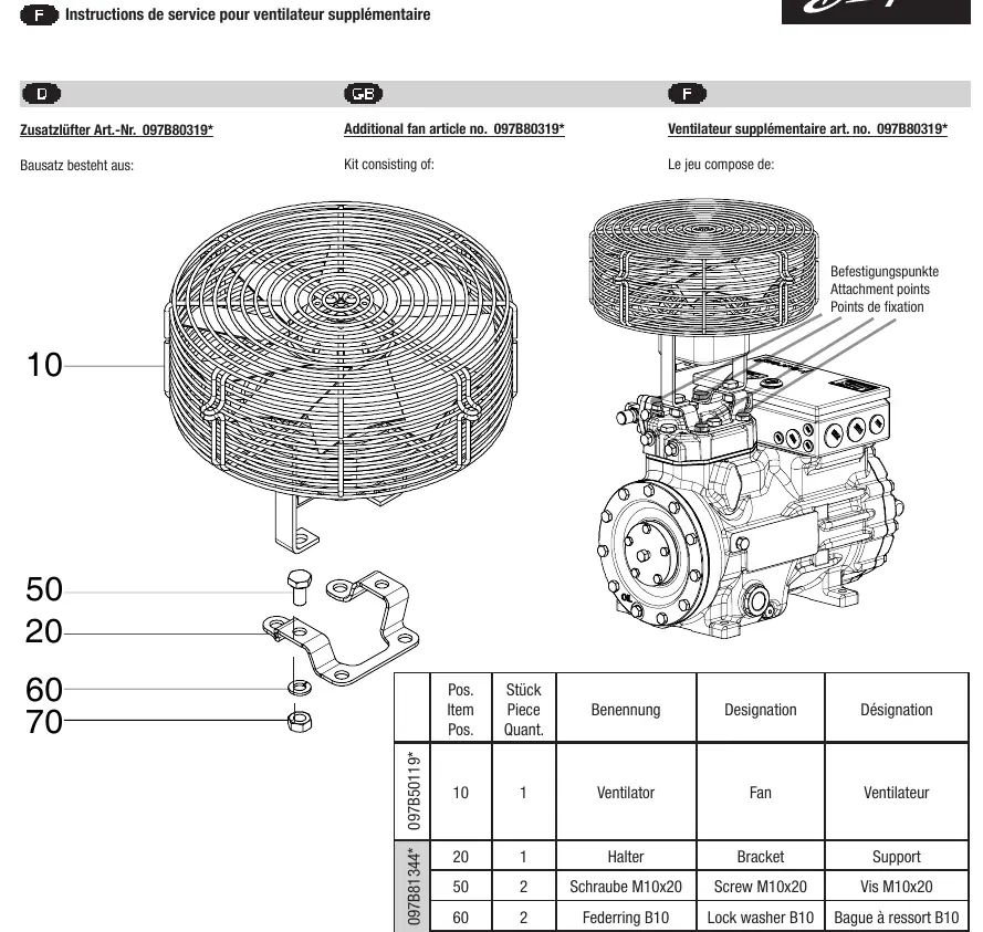 Exploded view of the additional fan kit components and its mounting points on the compressor unit.