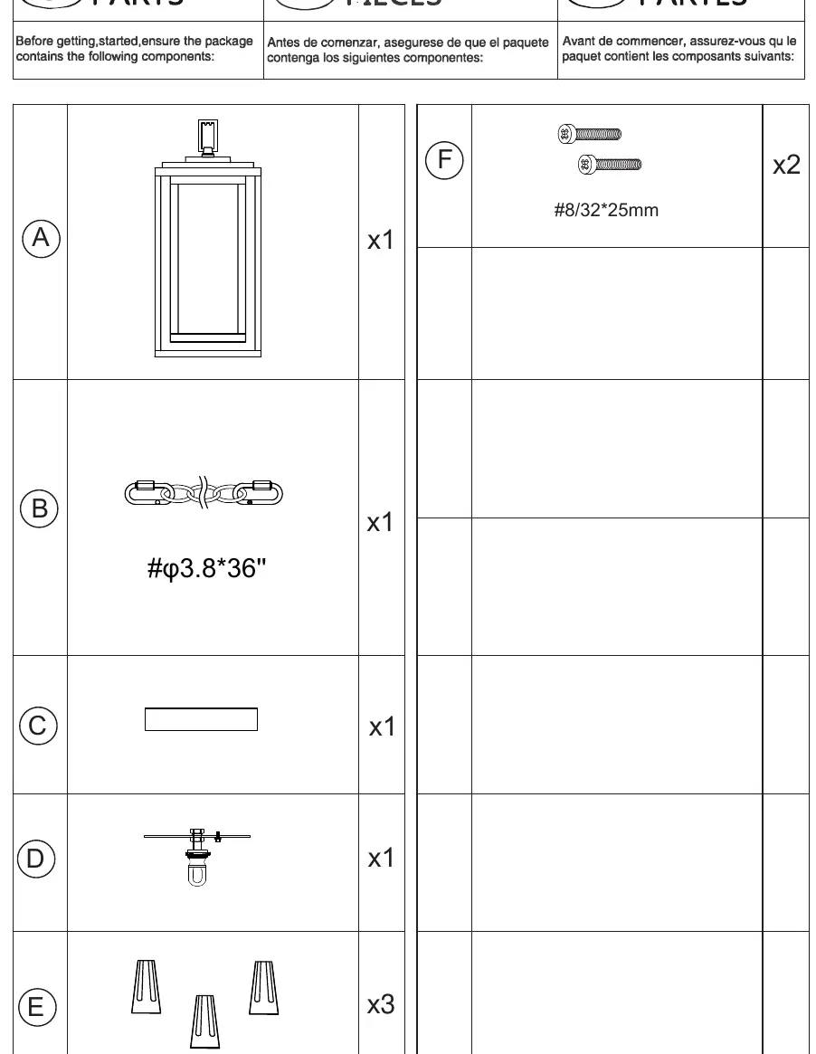 Parts list for the CABANA VX pendant light