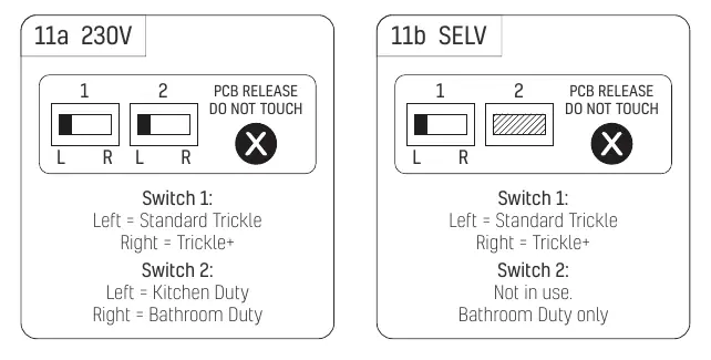 Switch settings for 230V and SELV