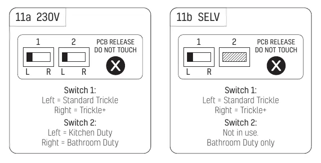Switch settings for 230V and SELV models.
