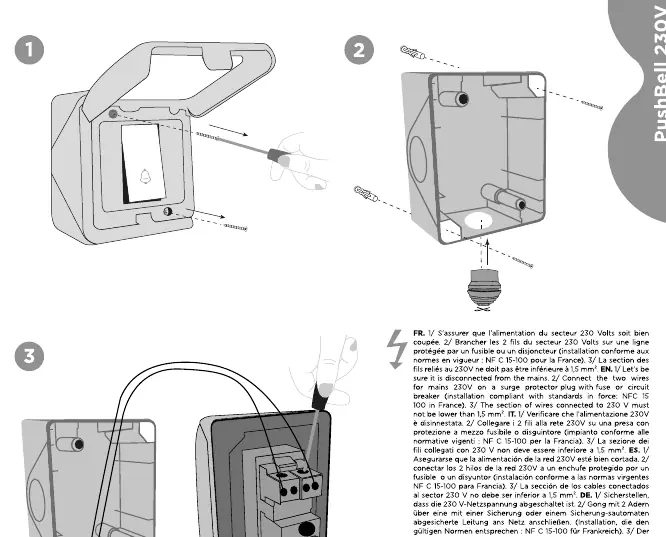 Wiring and installation steps for the PushBell 230V.