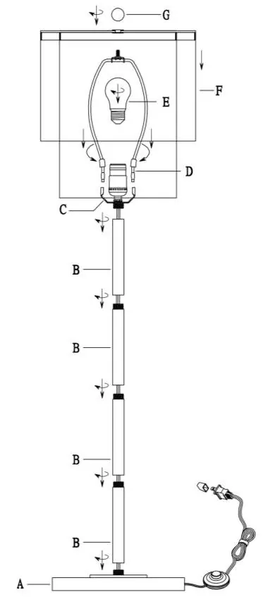 Assembly diagram showing the sequence of parts from base to finial.