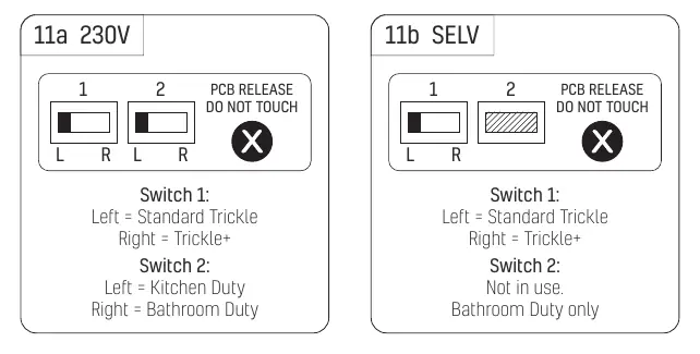 Switch settings for 230V and SELV models.