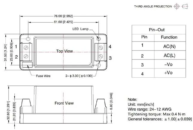 Mounting dimensions and connection pinout