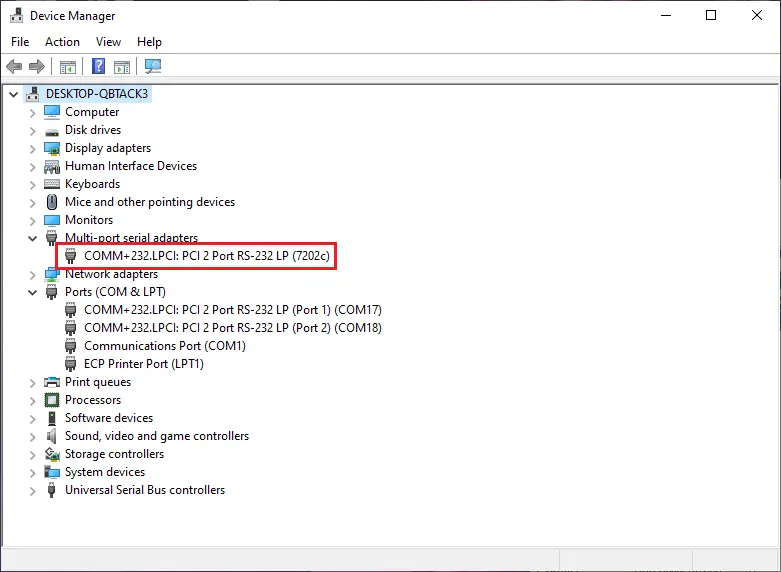 Device Manager showing the installed card