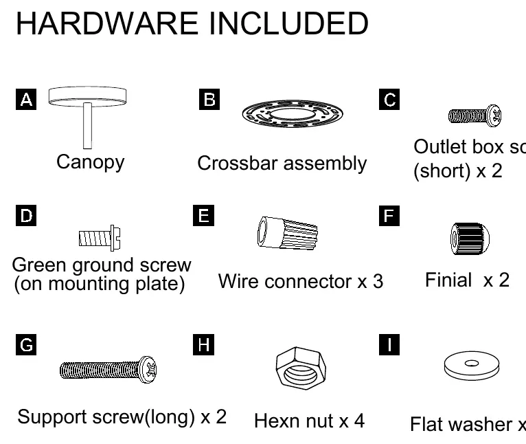 Hardware components included with the fixture