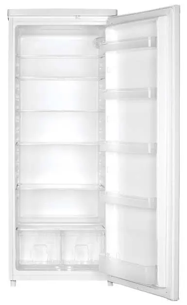 Interior view of the fridge showing shelves and crisper drawers.