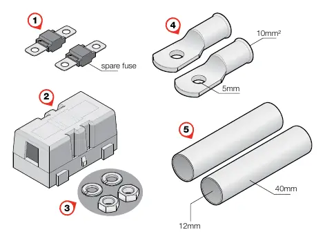 Kit contents including fuses, holder, nuts, lugs, and heatshrink.