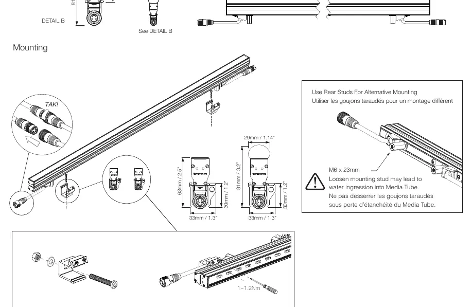 Mounting diagram showing stud installation and torque specifications.