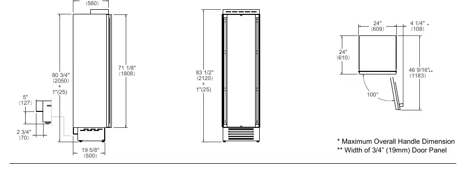 Product dimensions showing side, front, and top views.