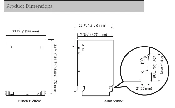 Product dimensions and installation diagrams