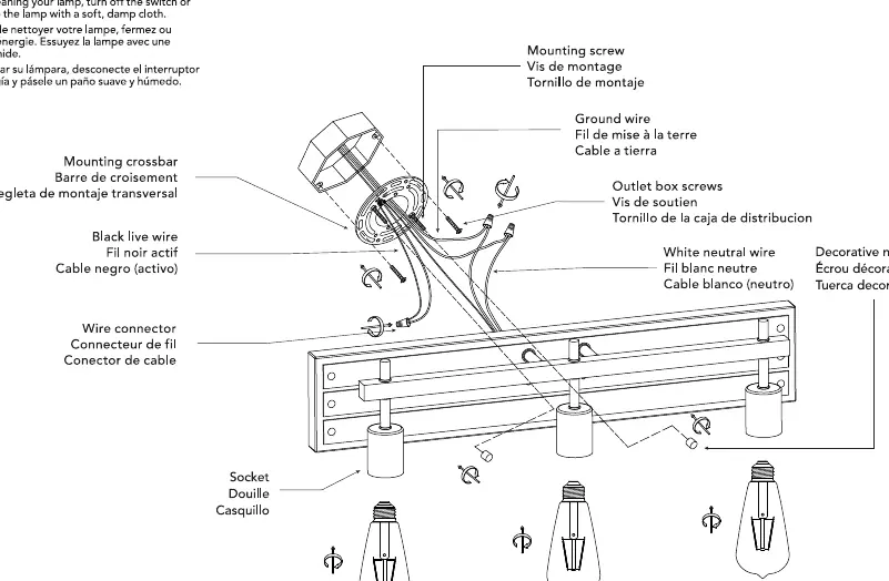 Wiring and mounting diagram for the 3-light vanity fixture.