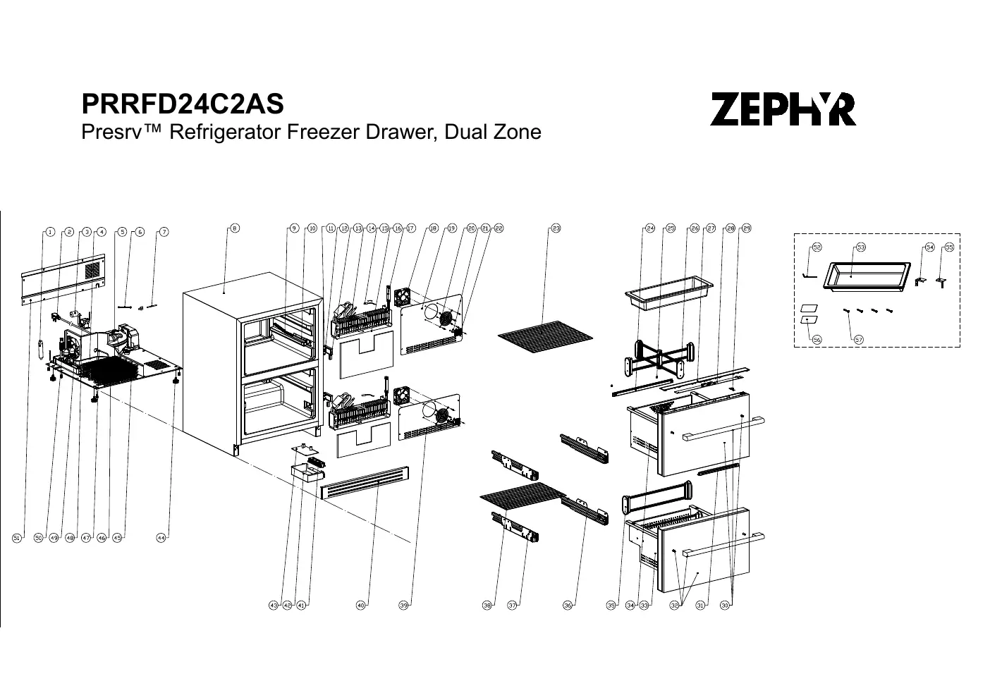 Exploded view diagram of the Zephyr PRRFD24C2AS refrigerator.