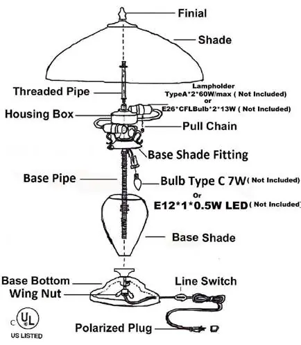 Assembly diagram showing the components of the lamp.
