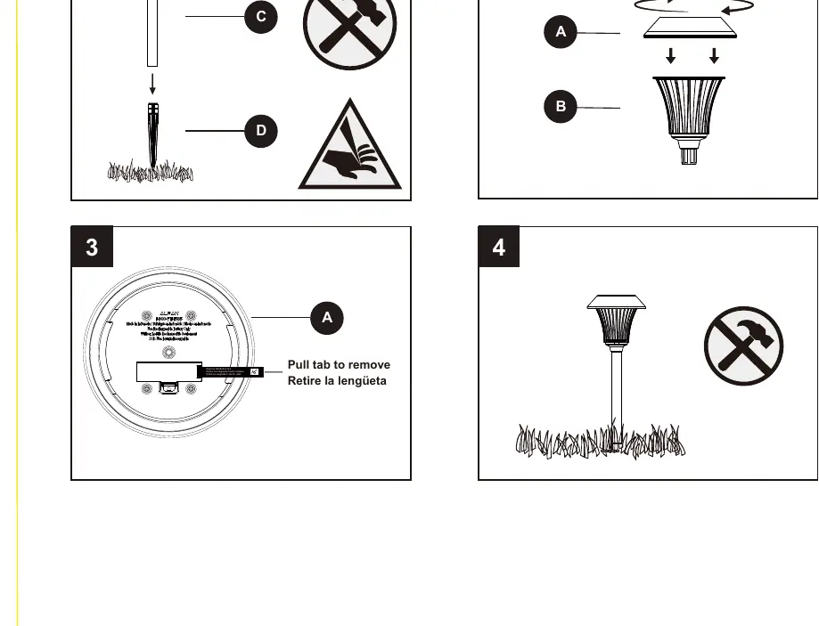 Installation overview showing the assembly of the solar light and ground stake.