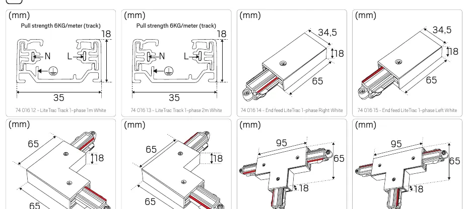 Component dimensions and wiring polarity (N, L)
