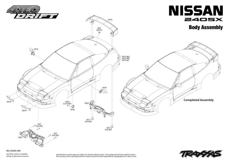 Exploded view of the Nissan 240SX body assembly showing component placement and screw locations.