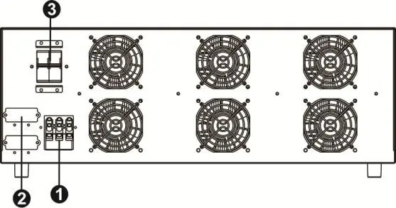 Rear panel diagram identifying AC Input, DC Connector, and AC Input Breaker.
