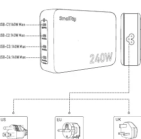 Product diagram showing USB-C ports and plug connection.