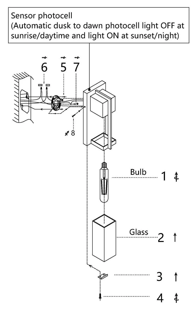 Assembly and wiring diagram for the Maxax 2418-1W wall lantern.