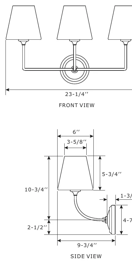 Front and side view dimensions.