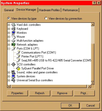 Device Manager showing the installed SeaLINK+485