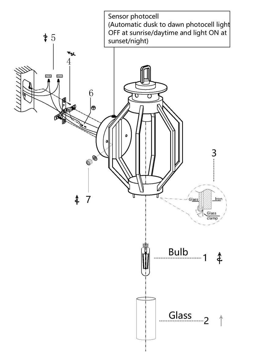 Assembly and wiring diagram for the 2464-2W wall lantern.