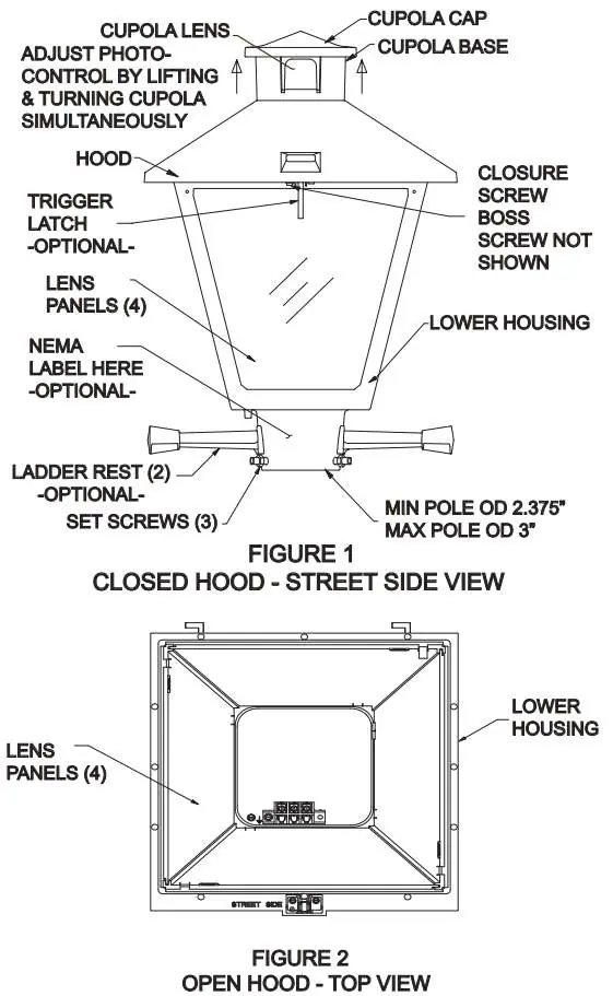 Figure 1: Closed hood view showing closure screw and pole mounting