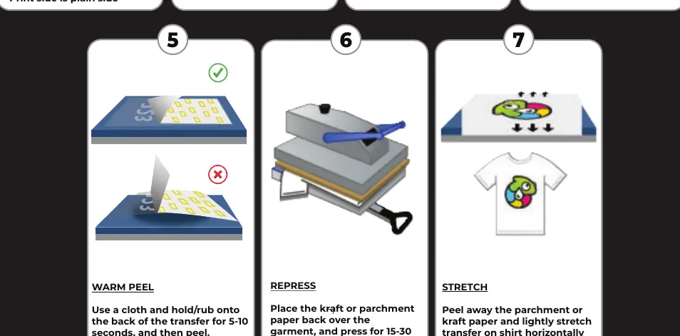 Application steps 5 through 7: Warm Peel, Repress, and Stretch.