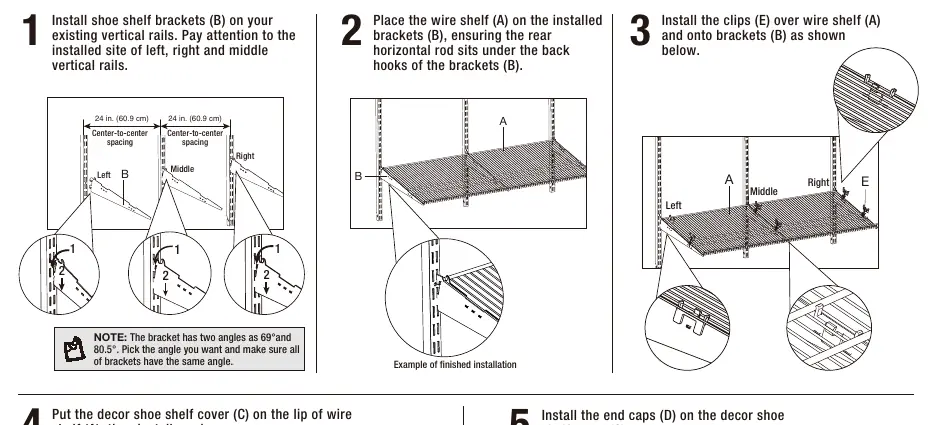 Installation steps 1, 2, and 3: Installing brackets, placing the shelf, and securing with clips.