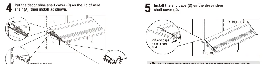 Installation steps 4 and 5: Attaching the decor cover and end caps.
