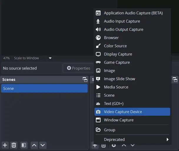 Selecting Video Capture Device in OBS.