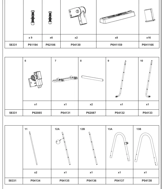 Parts list for ladder assembly
