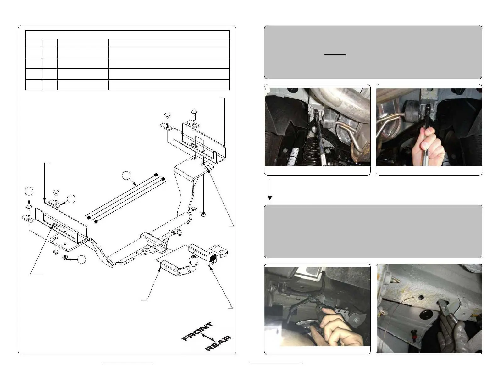 Parts list and hitch installation diagram
