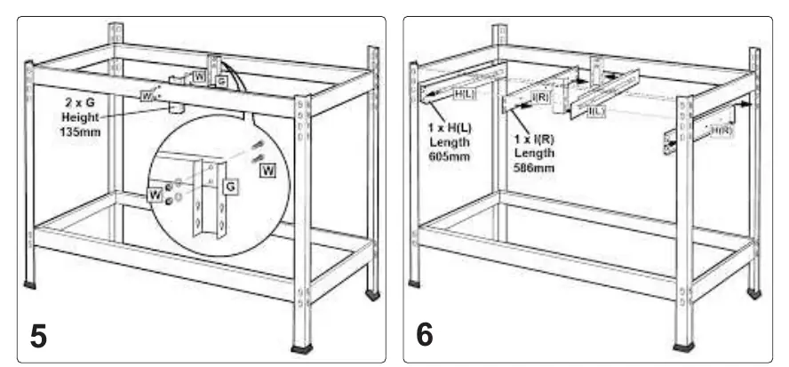 Drawer support installation (Diagrams 5 & 6)