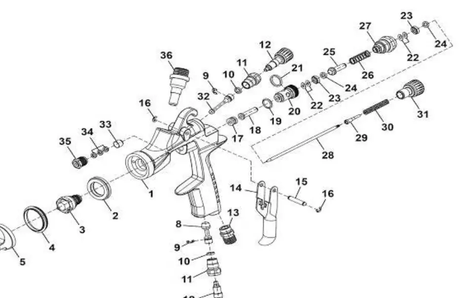 Exploded view of the HVLP05 spray gun components.
