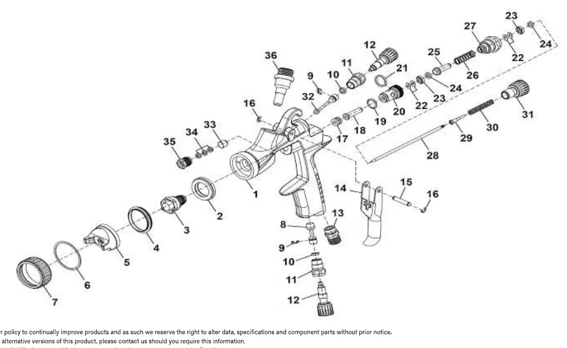 Exploded view diagram of the Sealey HVLP05 spray gun components.